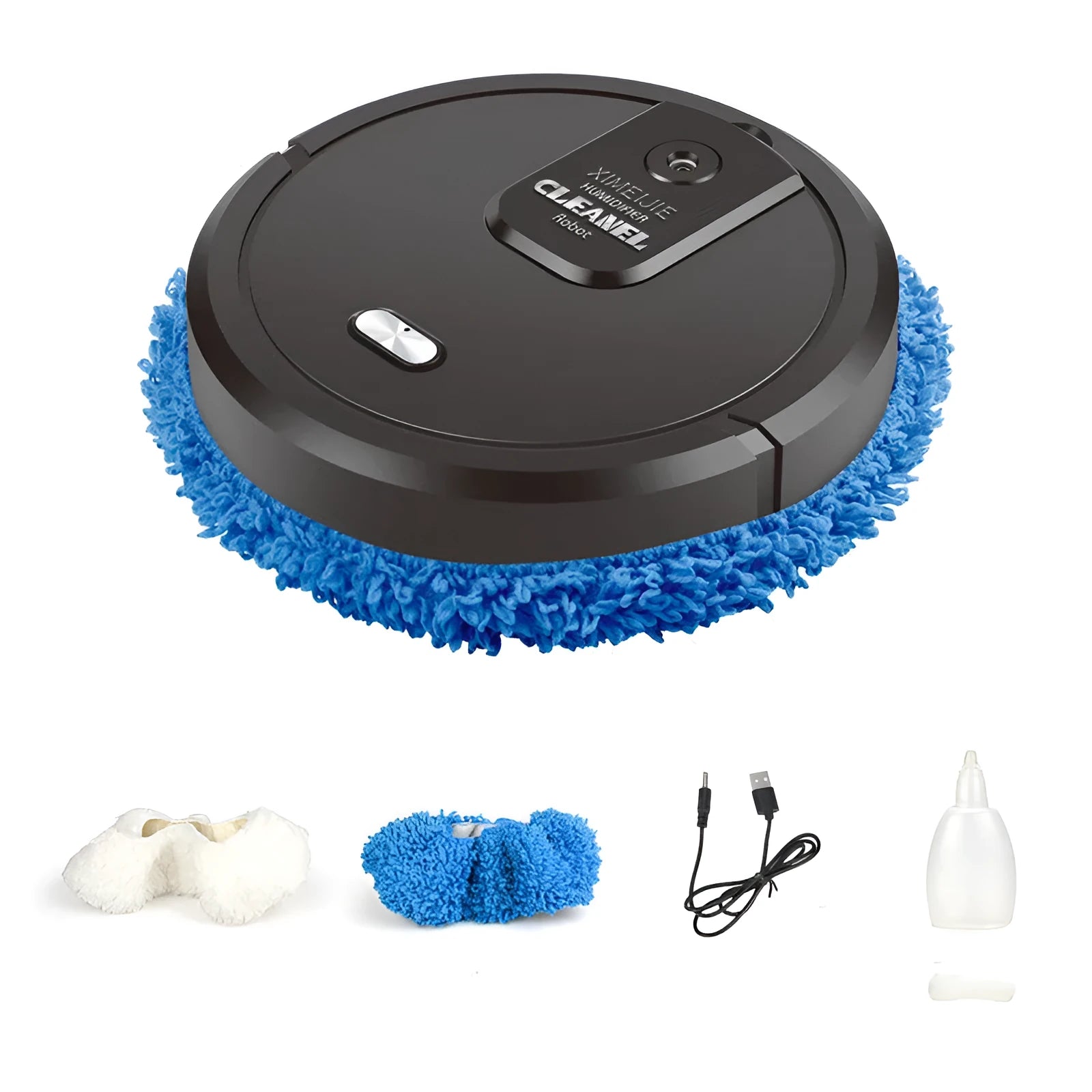 Automatic spray sweeping and mopping robot cleaner in various colours including black, blue, red, and white.