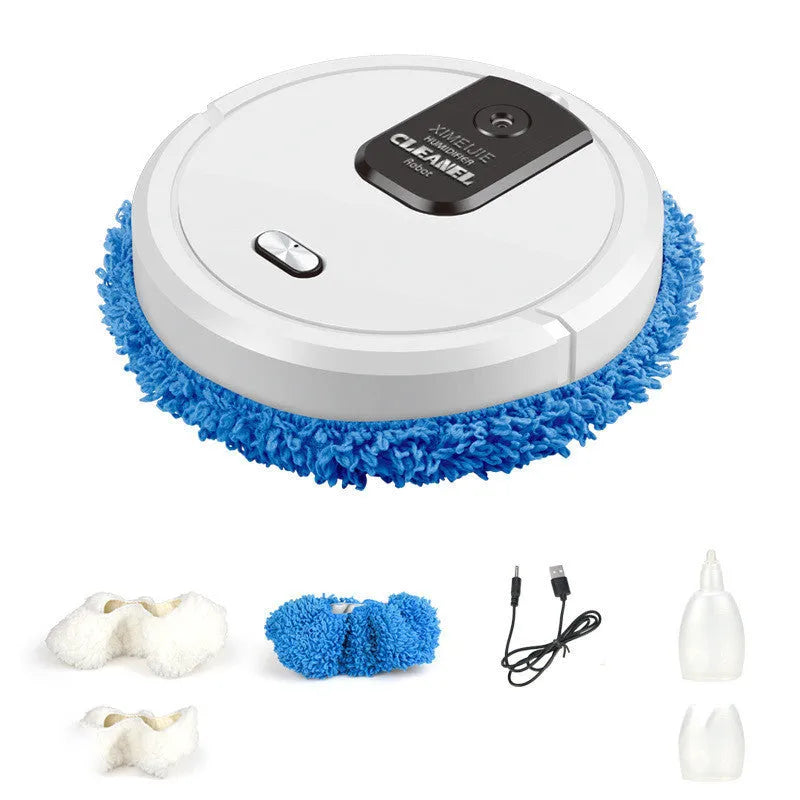 Automatic spray sweeping and mopping robot cleaner in various colours including black, blue, red, and white.