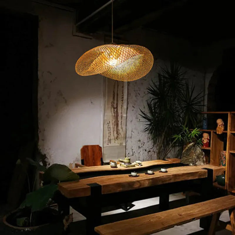 Bamboo chandelier with a large 40cm natural shell shade in a Chinese Zen style