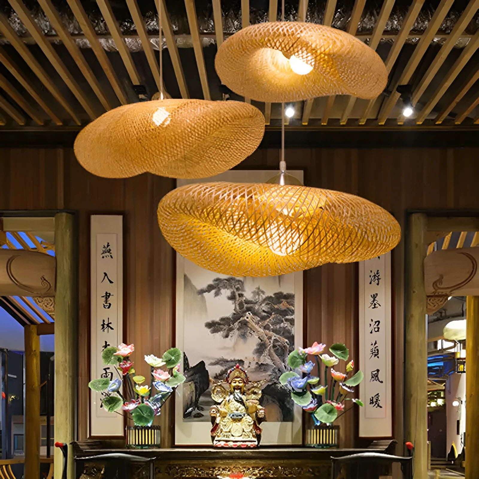 Bamboo chandelier with a large 40cm natural shell shade in a Chinese Zen style