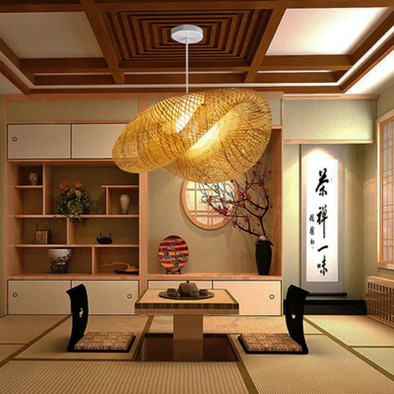 Bamboo chandelier with a large 40cm natural shell shade in a Chinese Zen style