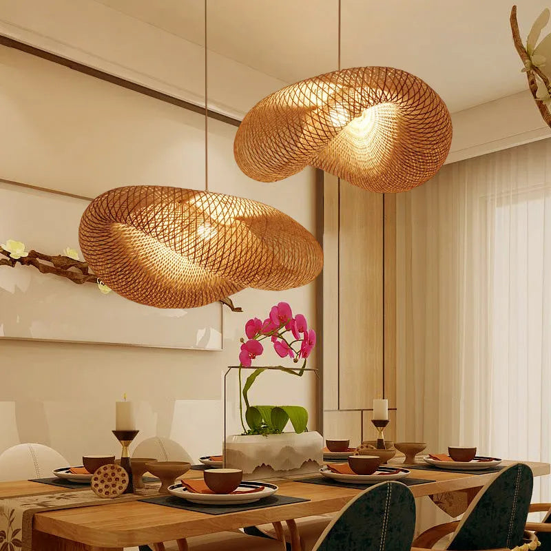 Bamboo chandelier with a large 40cm natural shell shade in a Chinese Zen style