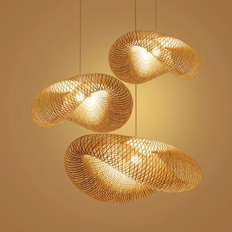 Bamboo chandelier with a large 40cm natural shell shade in a Chinese Zen style