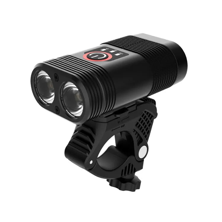 Black mountain bike LED headlight with USB rechargeable and flashing mode, 80mm length, front view
