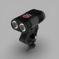 Black mountain bike LED headlight with USB rechargeable and flashing mode, 80mm length, front view