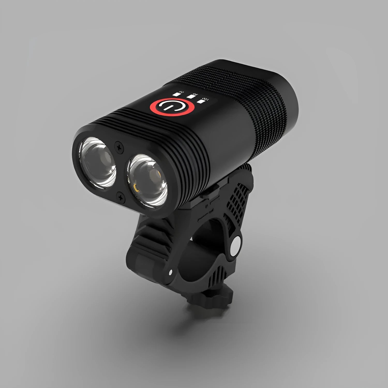 Black mountain bike LED headlight with USB rechargeable and flashing mode, 80mm length, front view