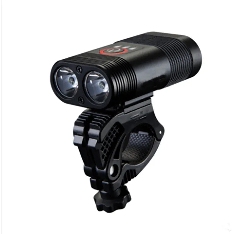 Black mountain bike LED headlight with USB rechargeable and flashing mode, 80mm length, front view