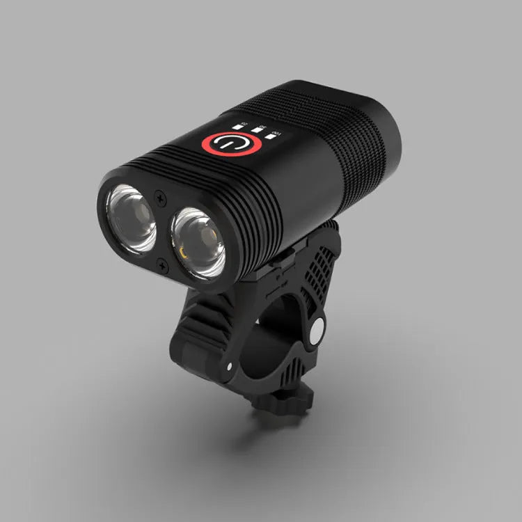 Black mountain bike LED headlight with USB rechargeable and flashing mode, 80mm length, front view
