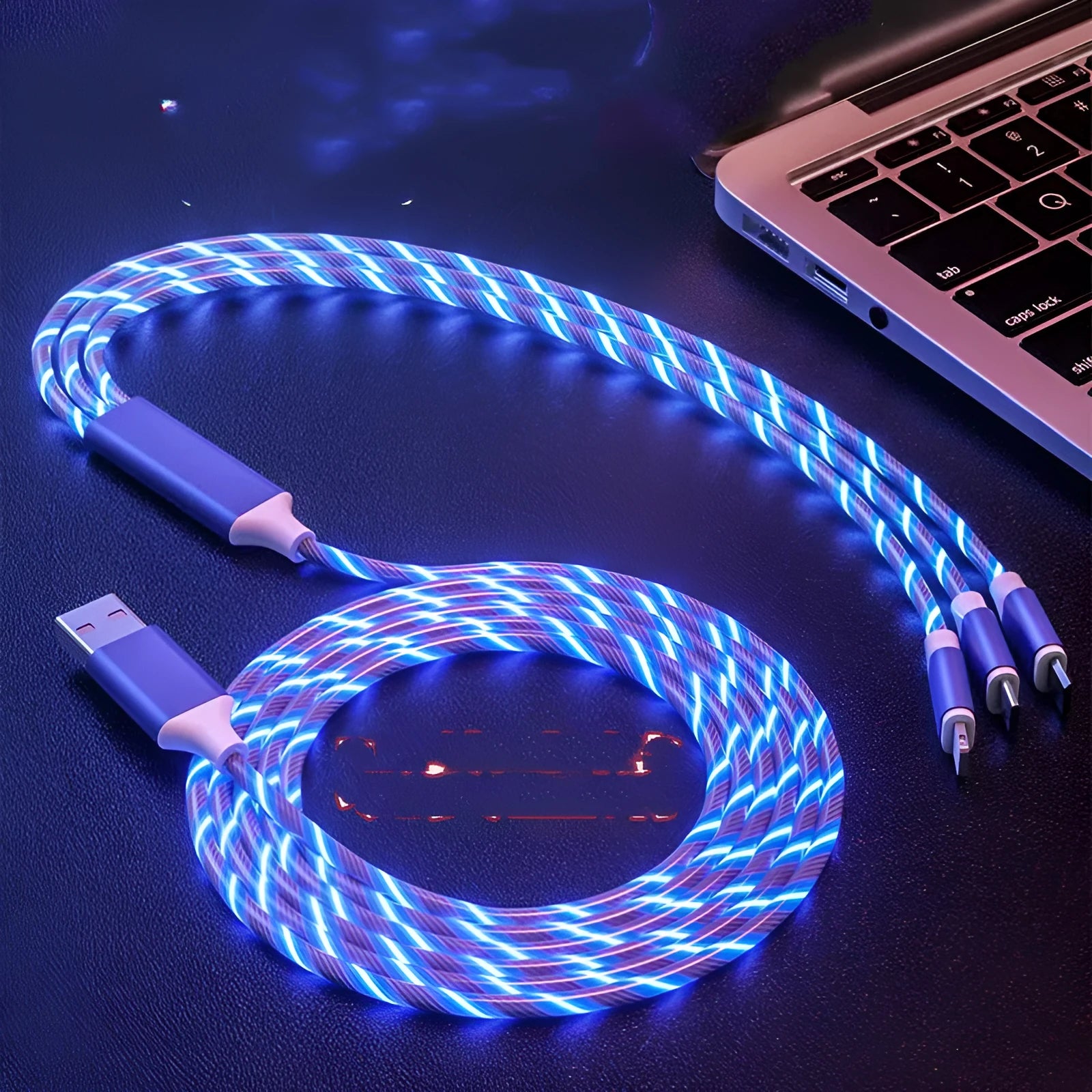 Colourful USB streamer data cable with three connectors and marquee lighting effect