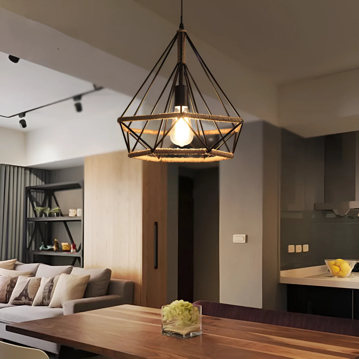 Rustic twine lamp industrial retro chandelier with iron body and lampshade, 25cm or 38cm diameter, 220V LED light