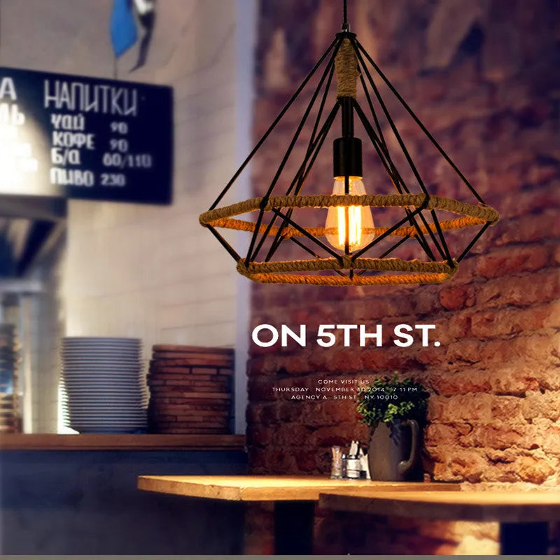 Rustic twine lamp industrial retro chandelier with iron body and lampshade, 25cm or 38cm diameter, 220V LED light