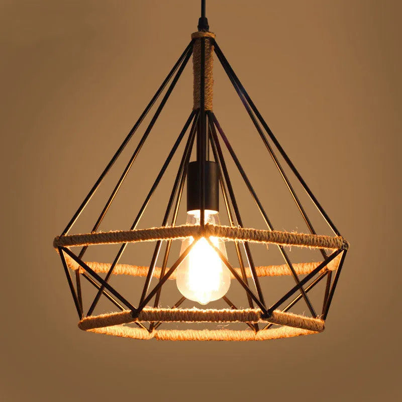 Rustic twine lamp industrial retro chandelier with iron body and lampshade, 25cm or 38cm diameter, 220V LED light