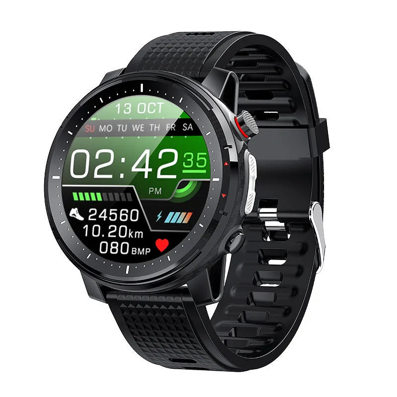 Black IP68 waterproof Android smart watch with round dial and silicone wrist strap