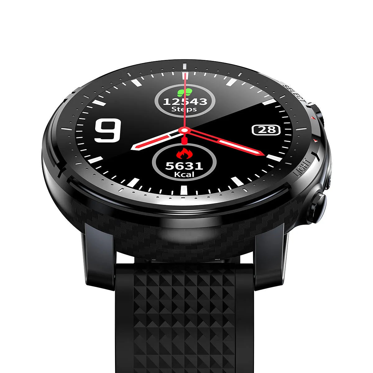 Black IP68 waterproof Android smart watch with round dial and silicone wrist strap