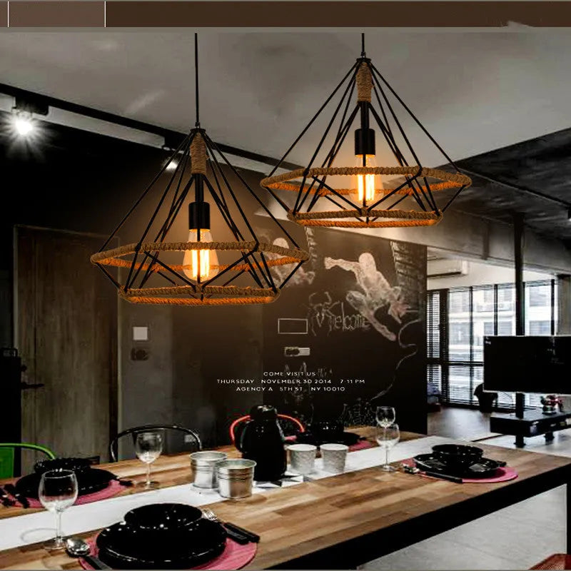 Rustic twine lamp industrial retro chandelier with iron body and lampshade, 25cm or 38cm diameter, 220V LED light