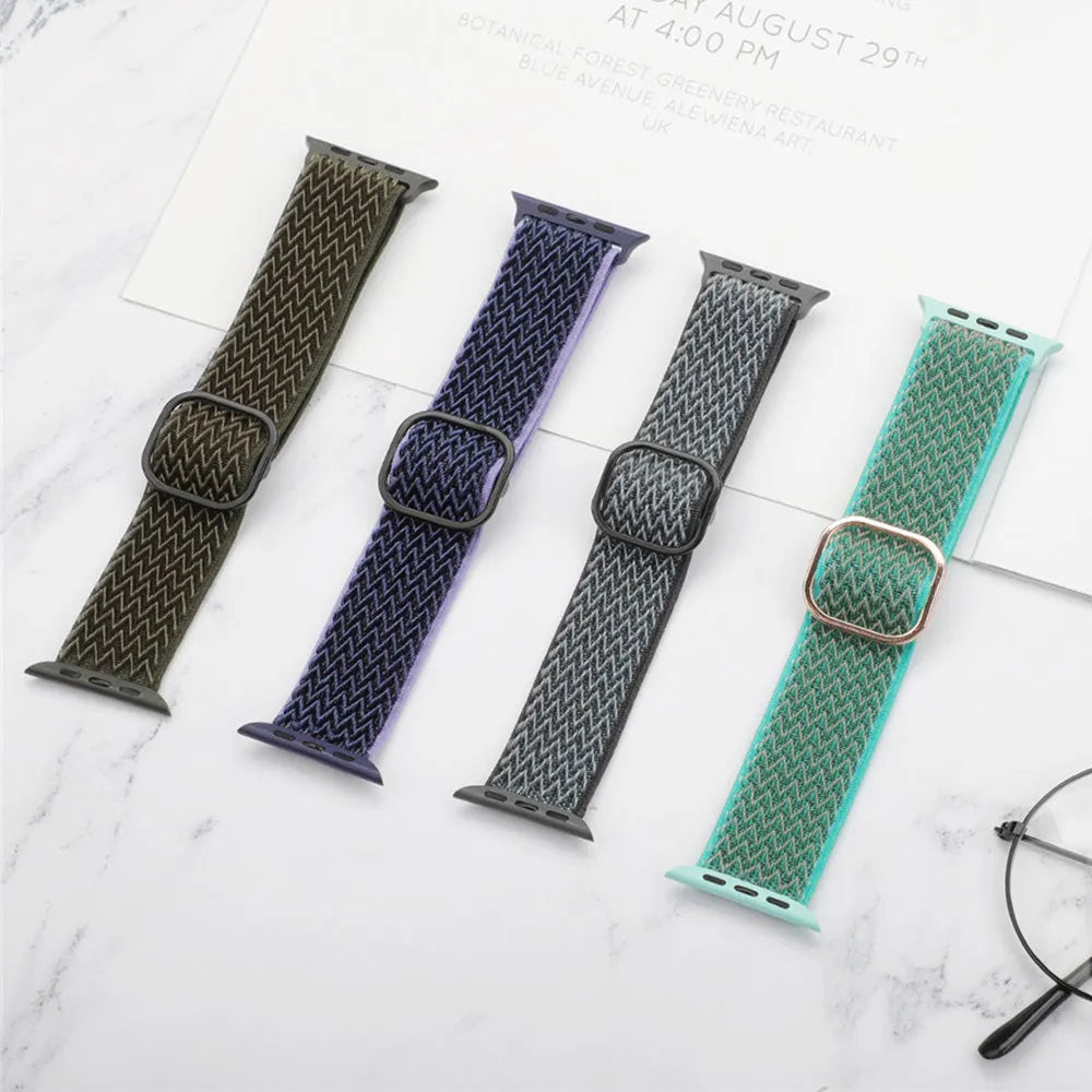 Braided nylon elastic strap for Apple Watch in wave pattern, showing multiple colour options