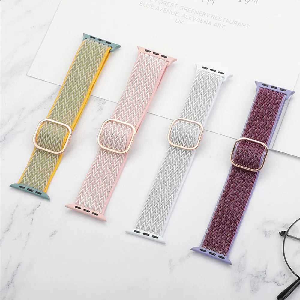 Braided nylon elastic strap for Apple Watch in wave pattern, showing multiple colour options