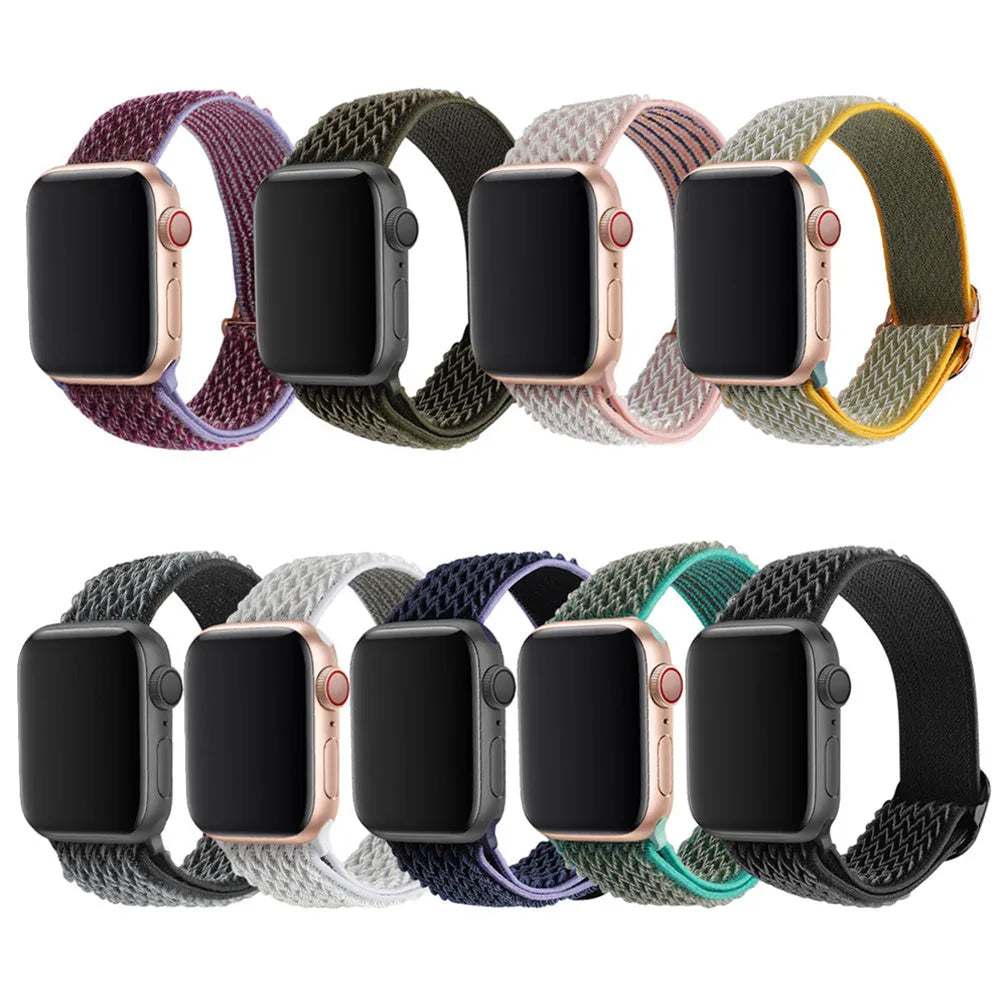 Braided nylon elastic strap for Apple Watch in wave pattern, showing multiple colour options