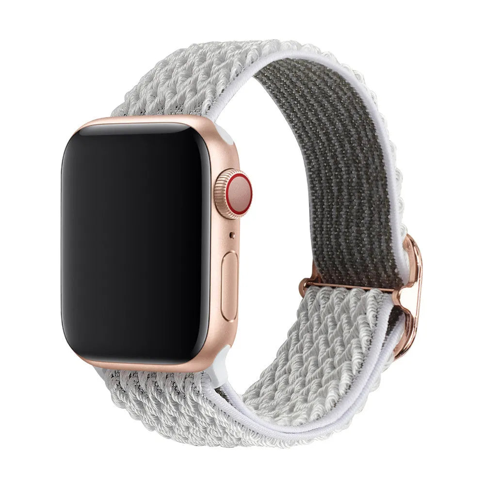 Braided nylon elastic strap for Apple Watch in wave pattern, showing multiple colour options