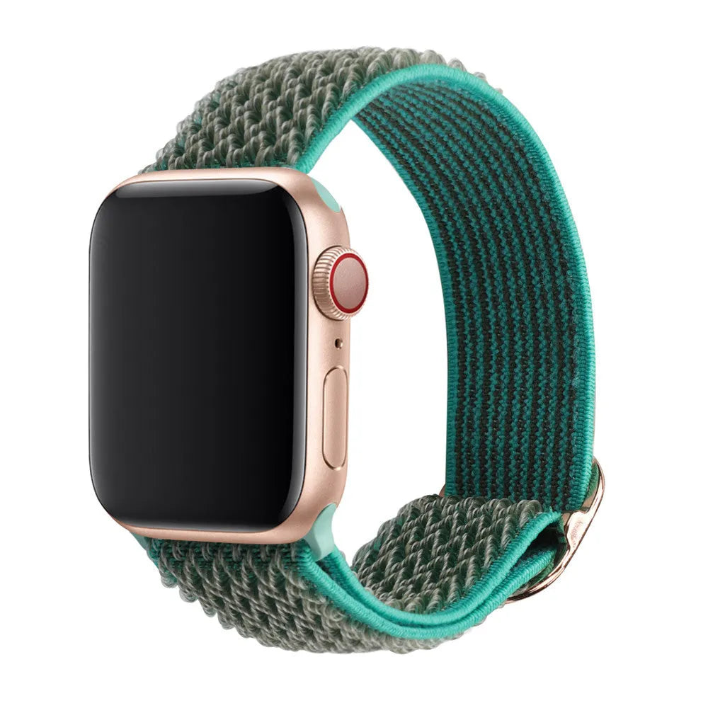 Braided nylon elastic strap for Apple Watch in wave pattern, showing multiple colour options
