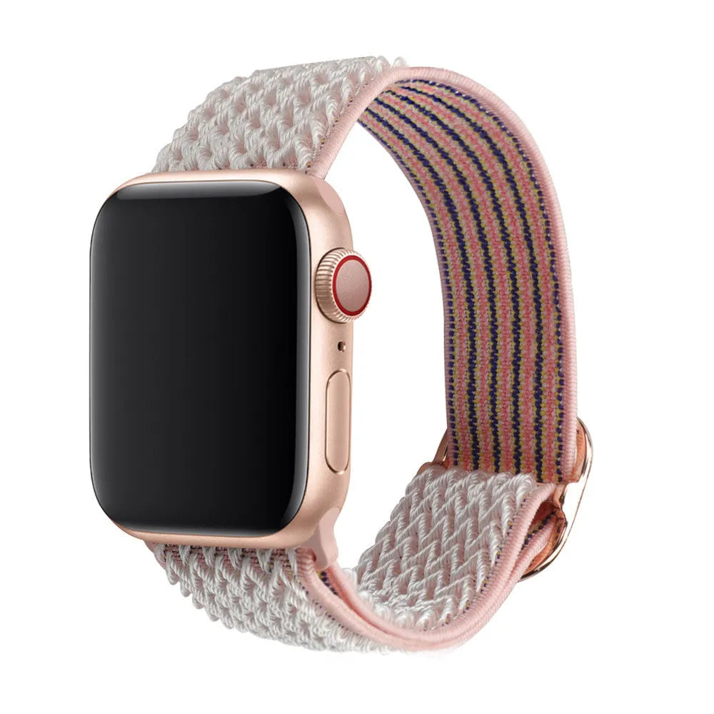 Braided nylon elastic strap for Apple Watch in wave pattern, showing multiple colour options