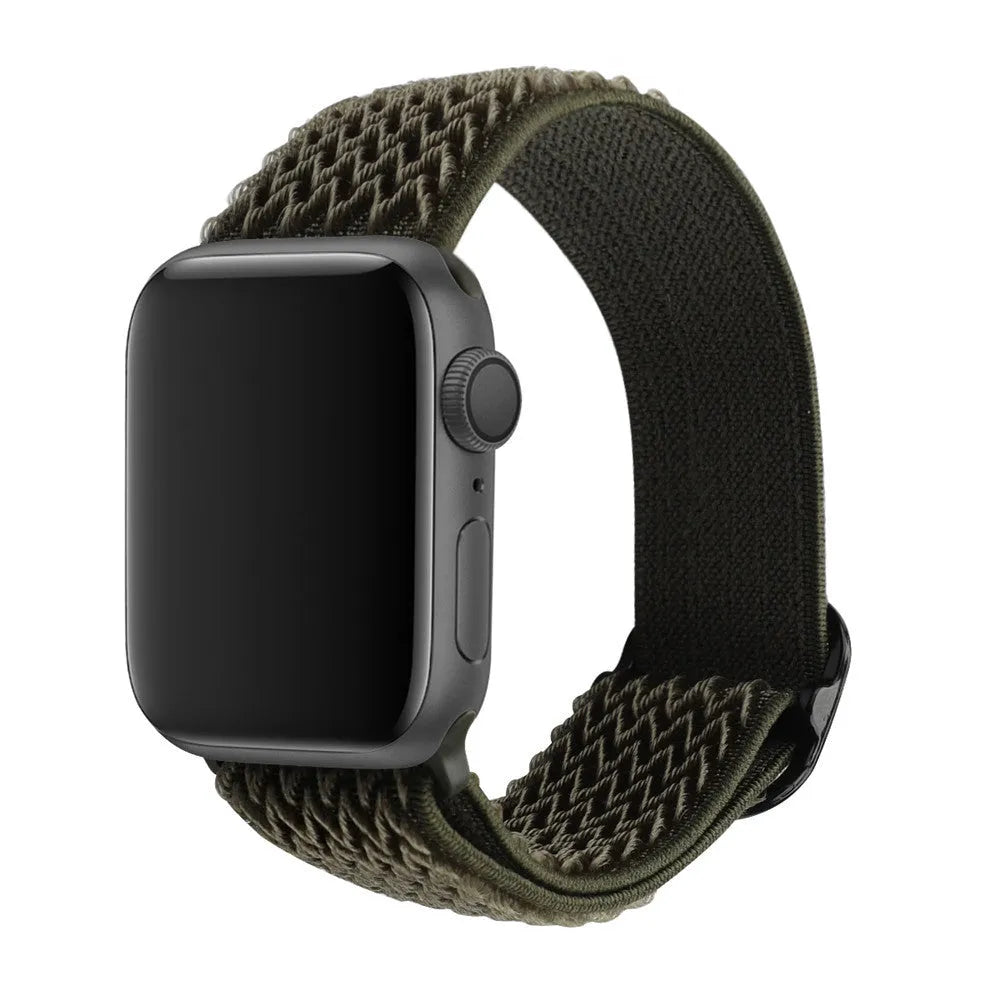 Braided nylon elastic strap for Apple Watch in wave pattern, showing multiple colour options
