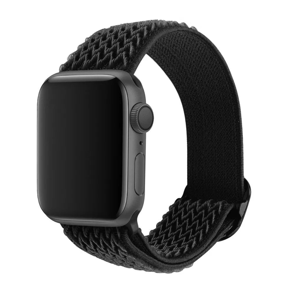 Braided nylon elastic strap for Apple Watch in wave pattern, showing multiple colour options