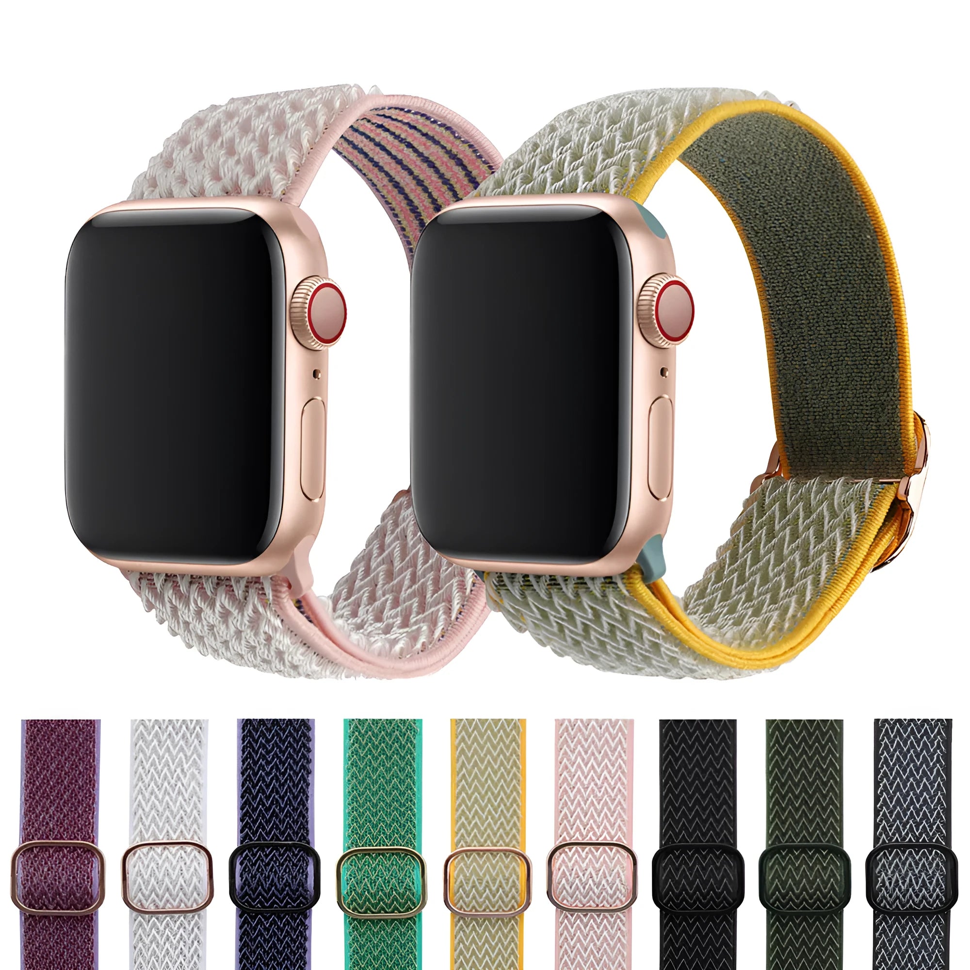 Braided nylon elastic strap for Apple Watch in wave pattern, showing multiple colour options