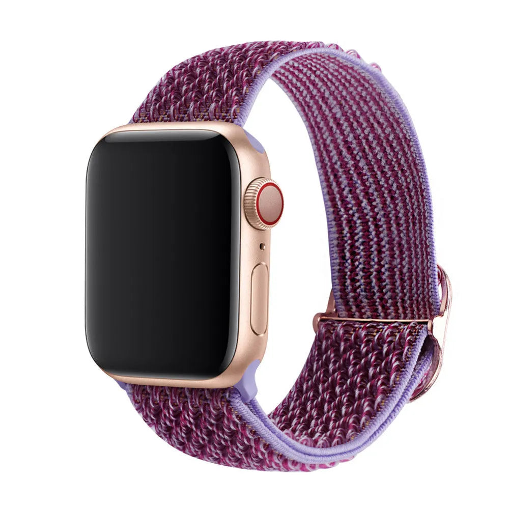 Braided nylon elastic strap for Apple Watch in wave pattern, showing multiple colour options