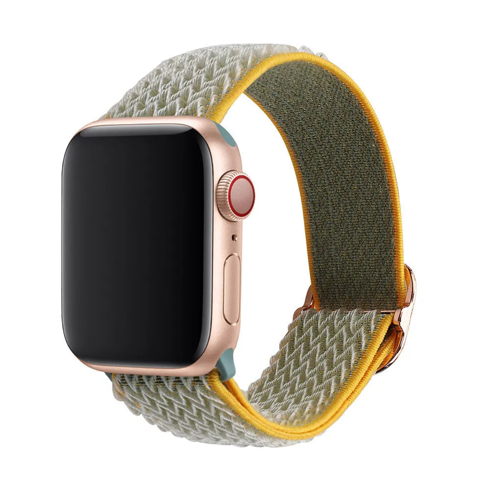 Braided nylon elastic strap for Apple Watch in wave pattern, showing multiple colour options