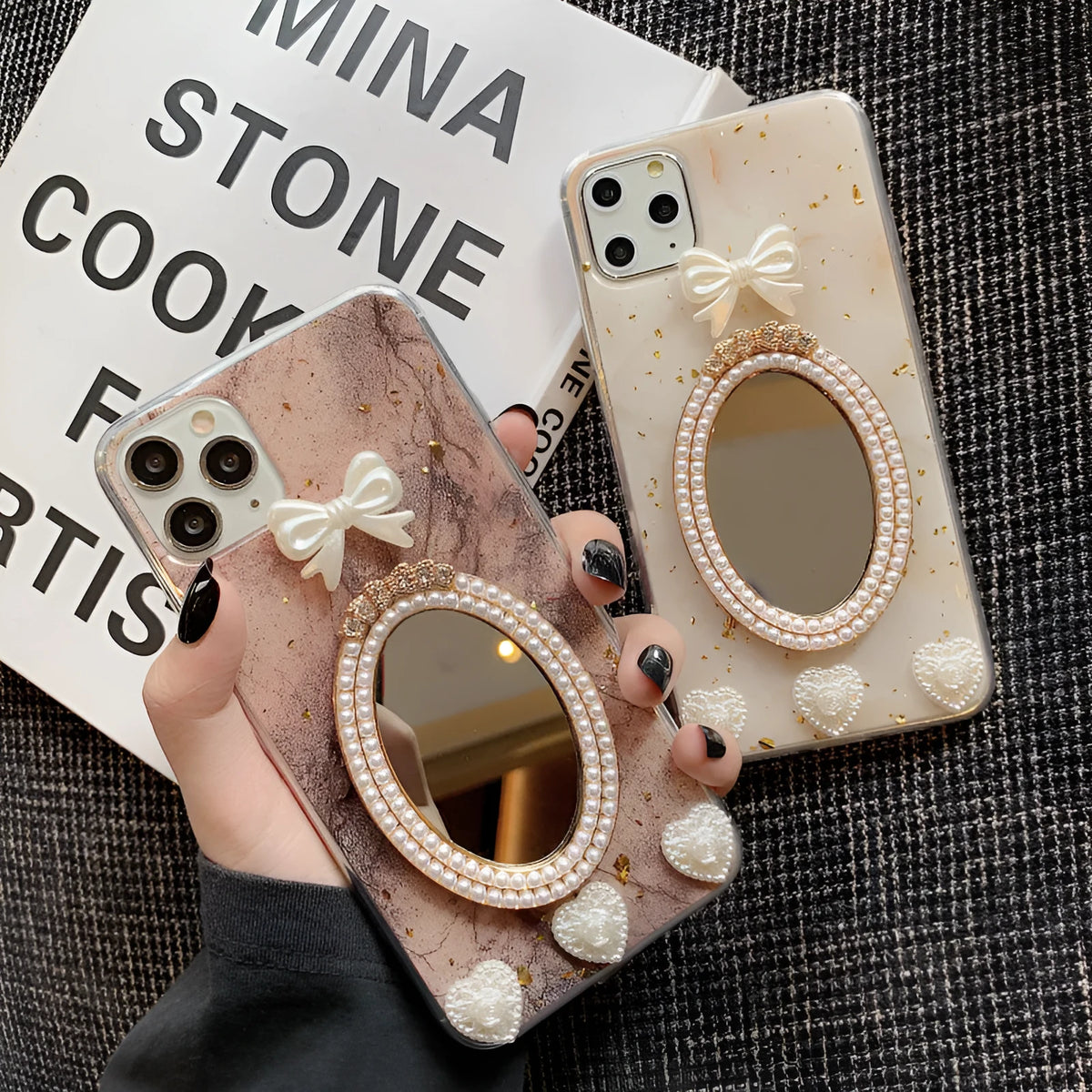 Brown marble pattern silicone iPhone case with bowknot rhinestone accents and integrated mirror