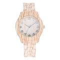 Wood grain retro couple quartz watch with silicone strap on wrist, showing beige colour option.