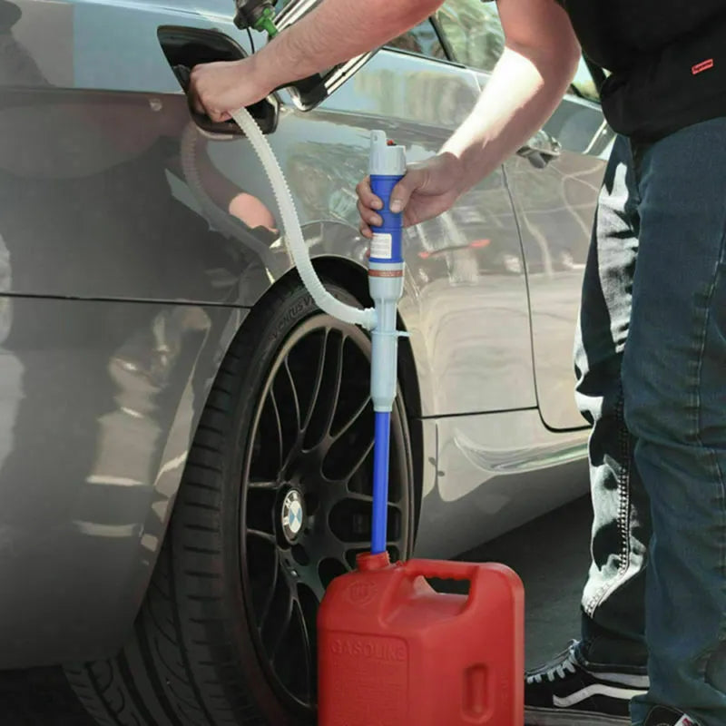 Blue and red manual siphon transfer pump for fuel, oil, and chemical liquids.