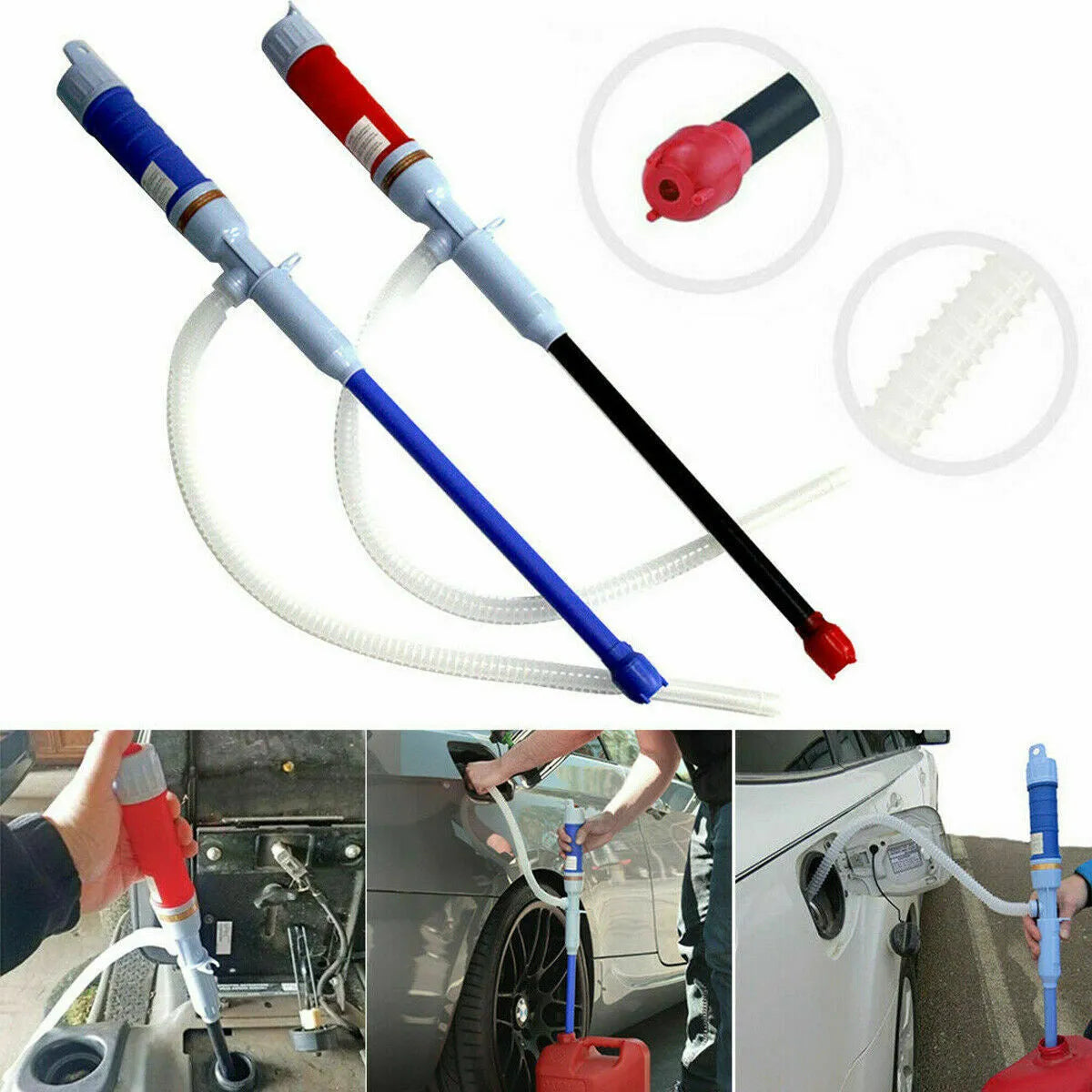 Blue and red manual siphon transfer pump for fuel, oil, and chemical liquids.