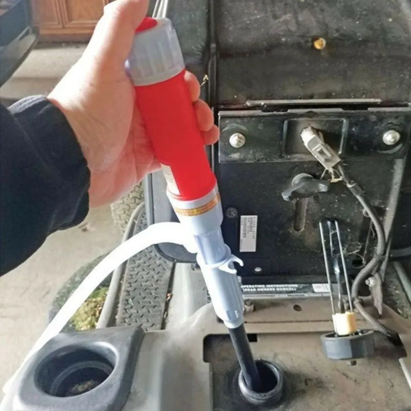 Blue and red manual siphon transfer pump for fuel, oil, and chemical liquids.