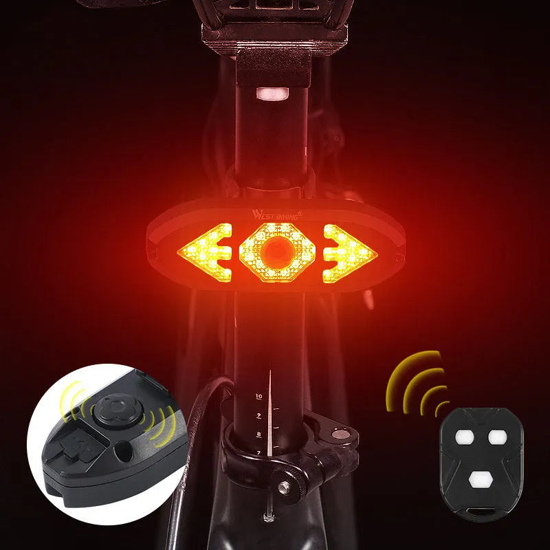 Black wireless remote control LED bike tail light with turn signals and horn, 95x33x22mm