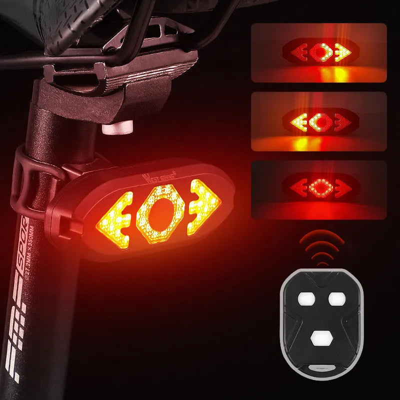 Black wireless remote control LED bike tail light with turn signals and horn, 95x33x22mm