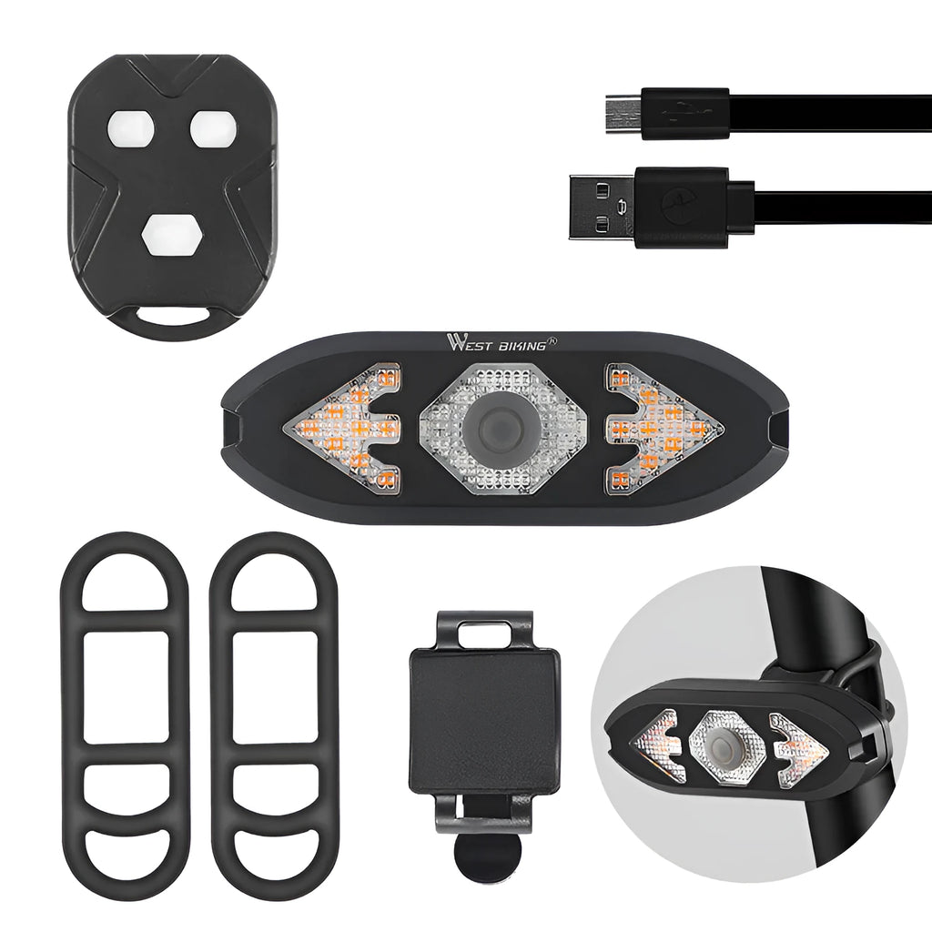 Black wireless remote control LED bike tail light with turn signals and horn, 95x33x22mm
