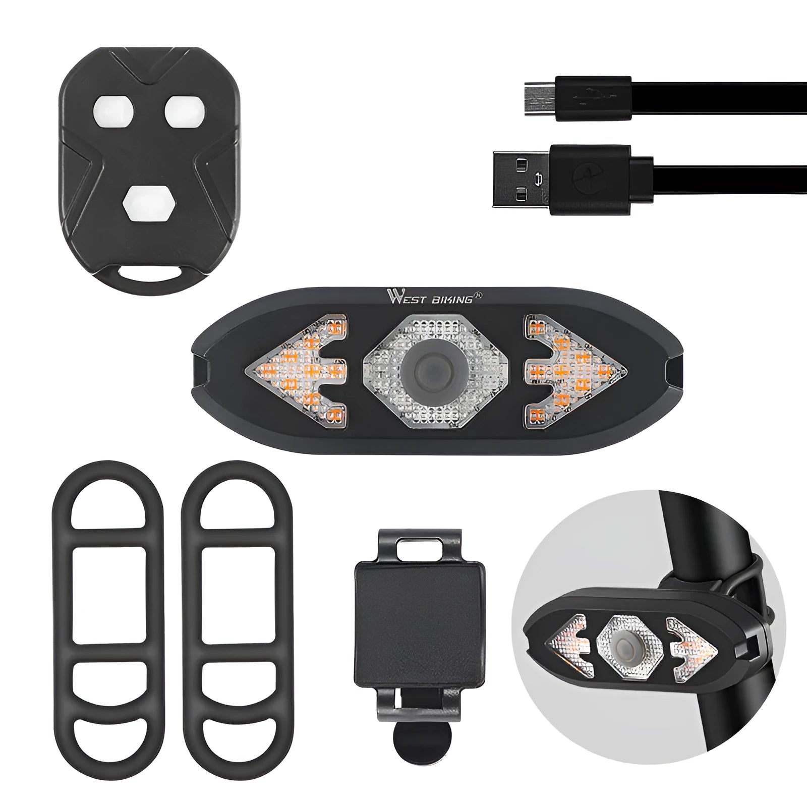 Black wireless remote control LED bike tail light with turn signals and horn, 95x33x22mm