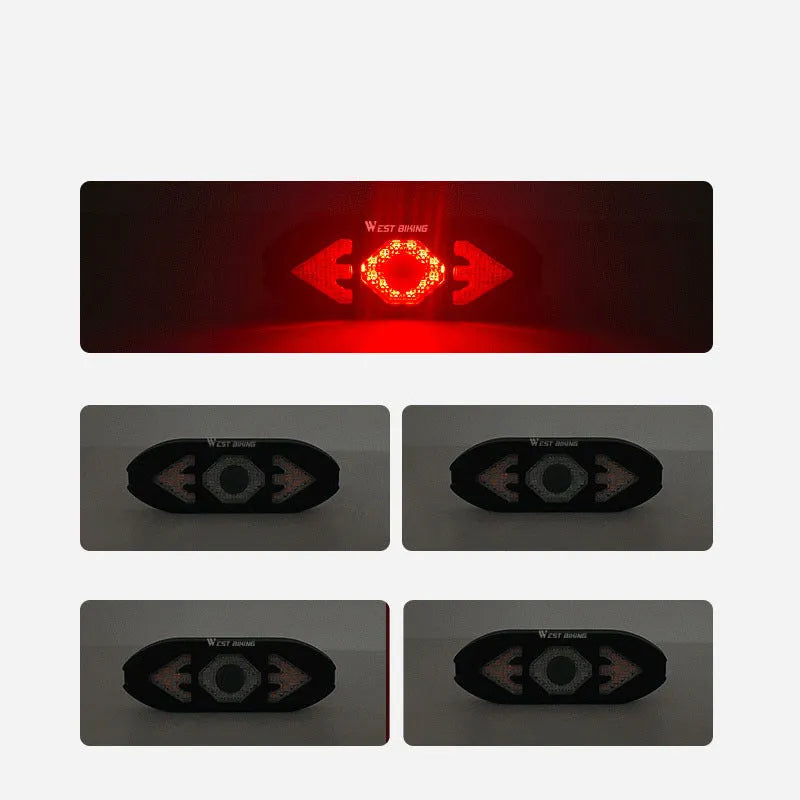 Black wireless remote control LED bike tail light with turn signals and horn, 95x33x22mm