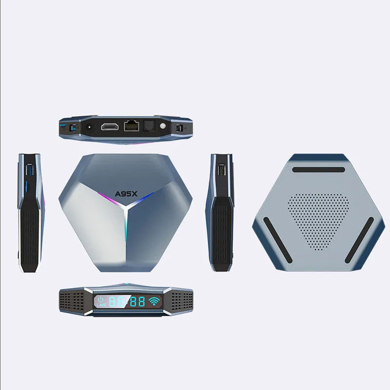 Android 8K Ultra HD TV set-top box with remote control, HD cable, and international power plugs.