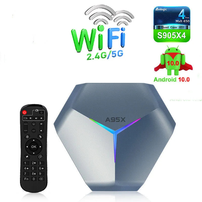 Android 8K Ultra HD TV set-top box with remote control, HD cable, and international power plugs.