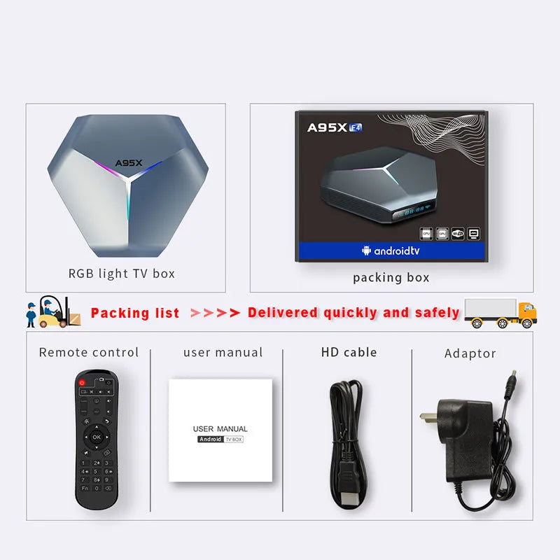 Android 8K Ultra HD TV set-top box with remote control, HD cable, and international power plugs.