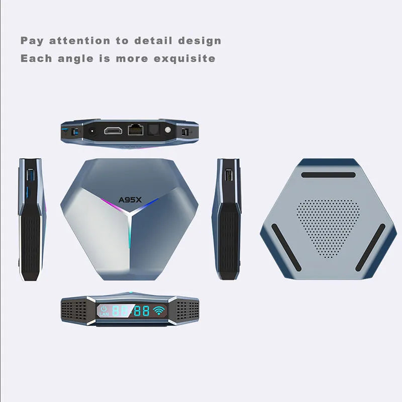 Android 8K Ultra HD TV set-top box with remote control, HD cable, and international power plugs.