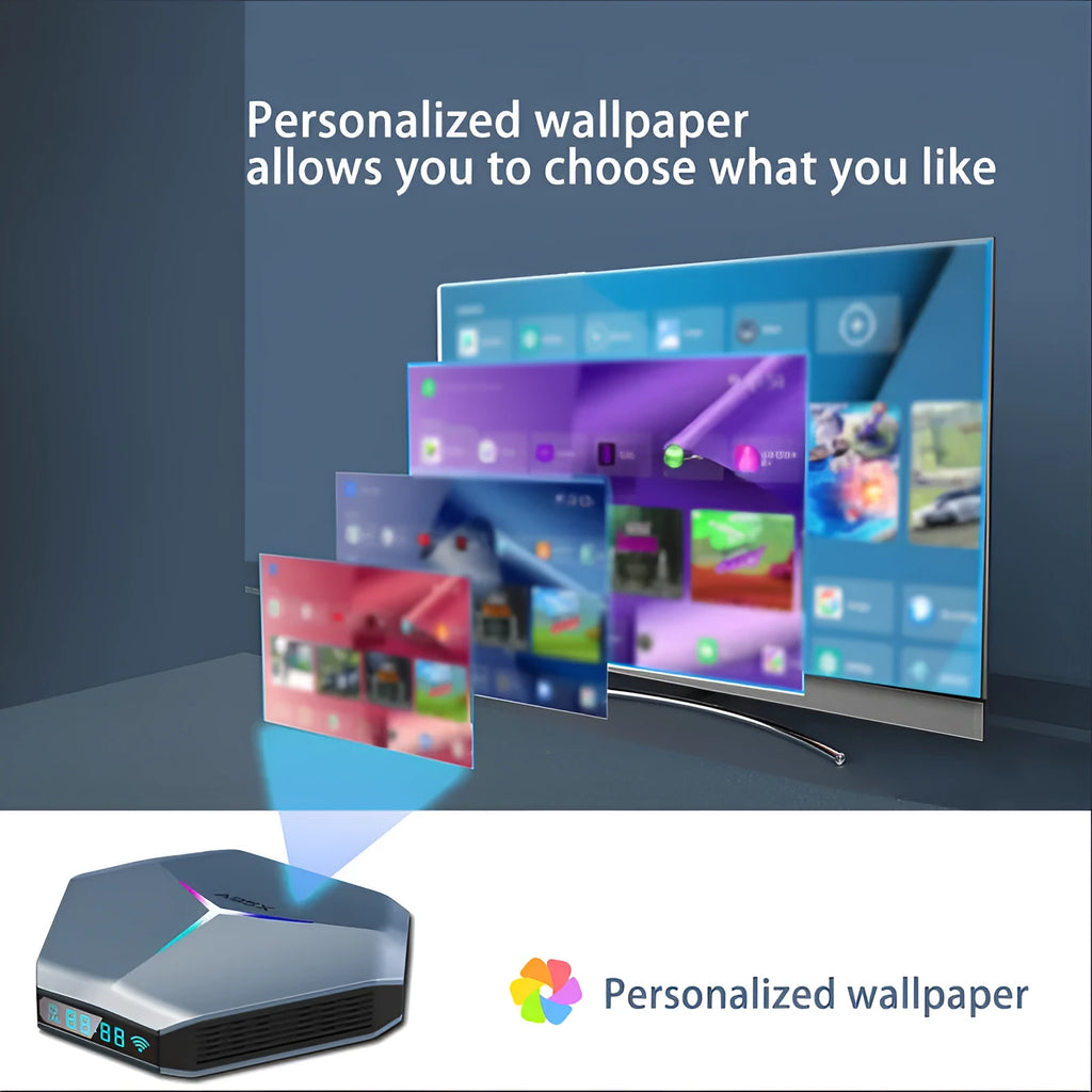 Android 8K Ultra HD TV set-top box with remote control, HD cable, and international power plugs.