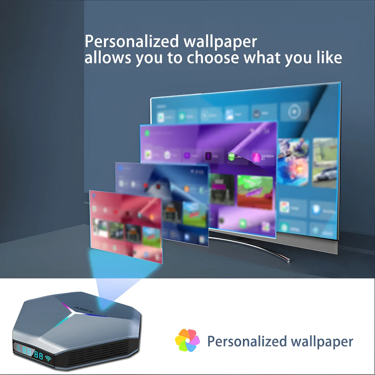 Android 8K Ultra HD TV set-top box with remote control, HD cable, and international power plugs.