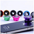 Smartphone 3-in-1 lens kit showing fisheye, wide angle, and macro lenses with universal clip