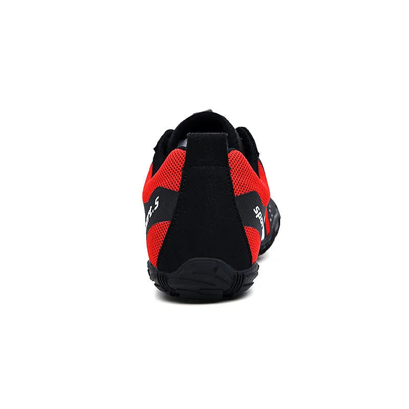 Outdoor quick-drying wading shoes in red, black, or orange with mesh upper and rubber outsole.