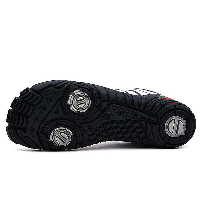 Outdoor quick-drying wading shoes in red, black, or orange with mesh upper and rubber outsole.