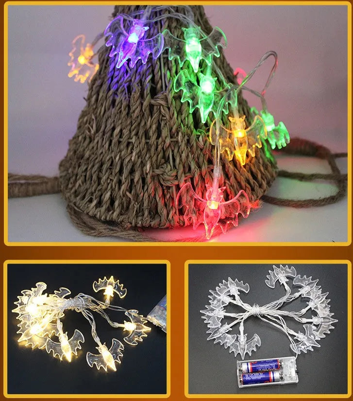 Halloween decoration LED string lights with 10 LED heads including pumpkin, bat, and ghost pendants on a dark background